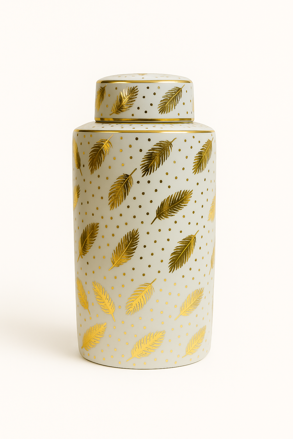 White & Gold Feather Vase with Lid