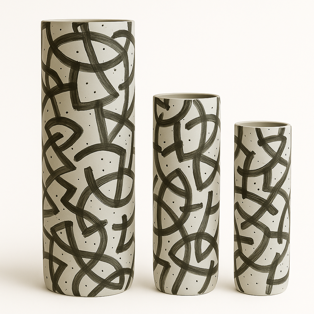 White with Abstract Graphite Lined Vase